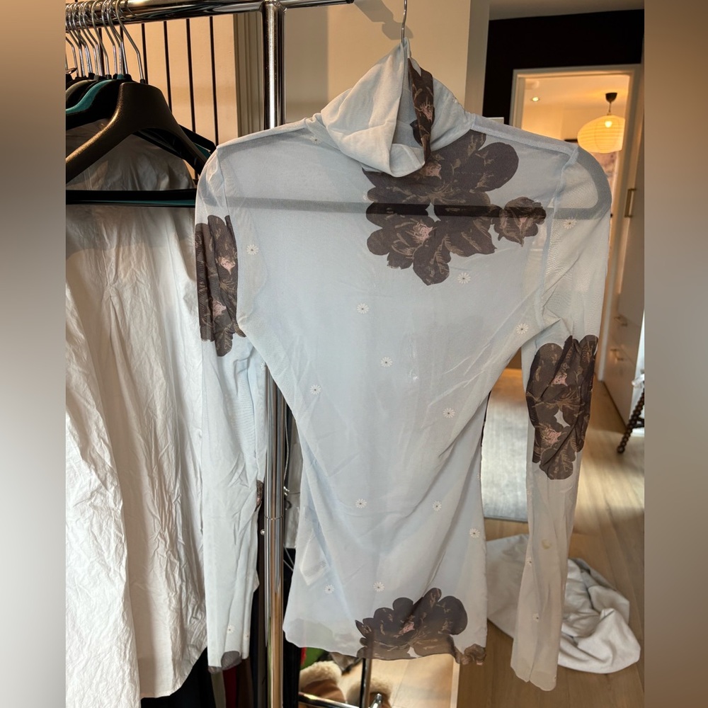 Ganni Sheer Floral turtle neck in Light Blue and Brown